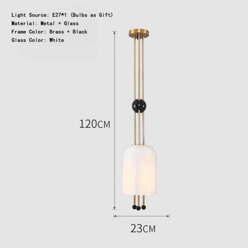 Pendant light with dimensions and material details on a white background