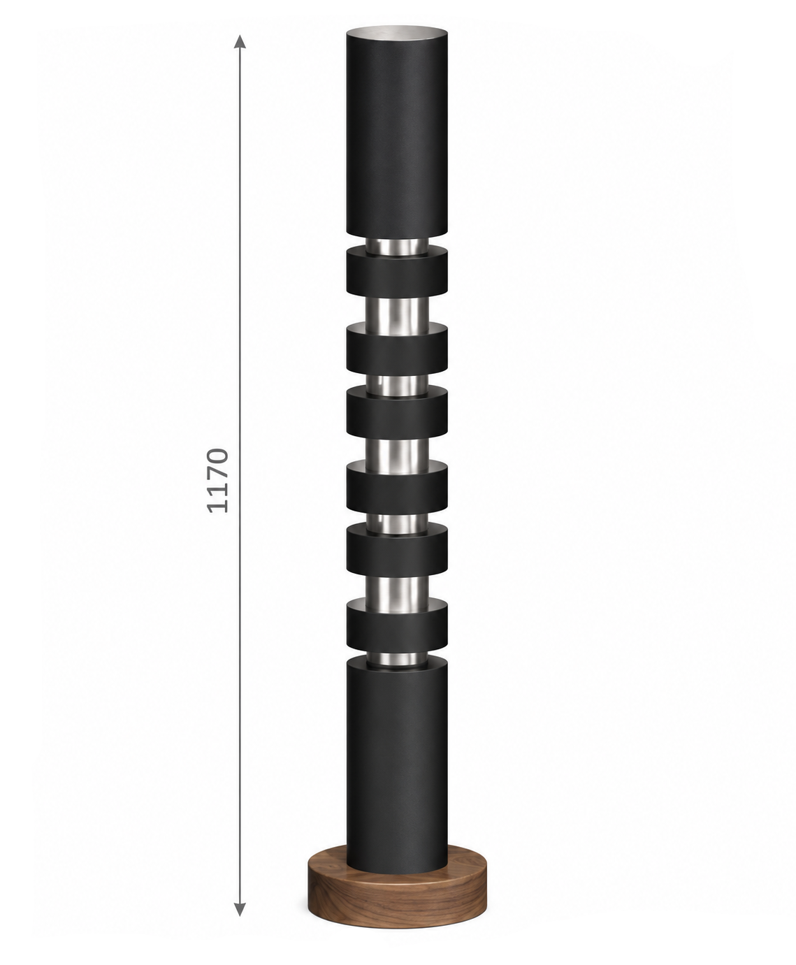 A modern black and silver column lamp with a round wooden base, shown with a vertical height measurement of 1170 on a plain white background.
