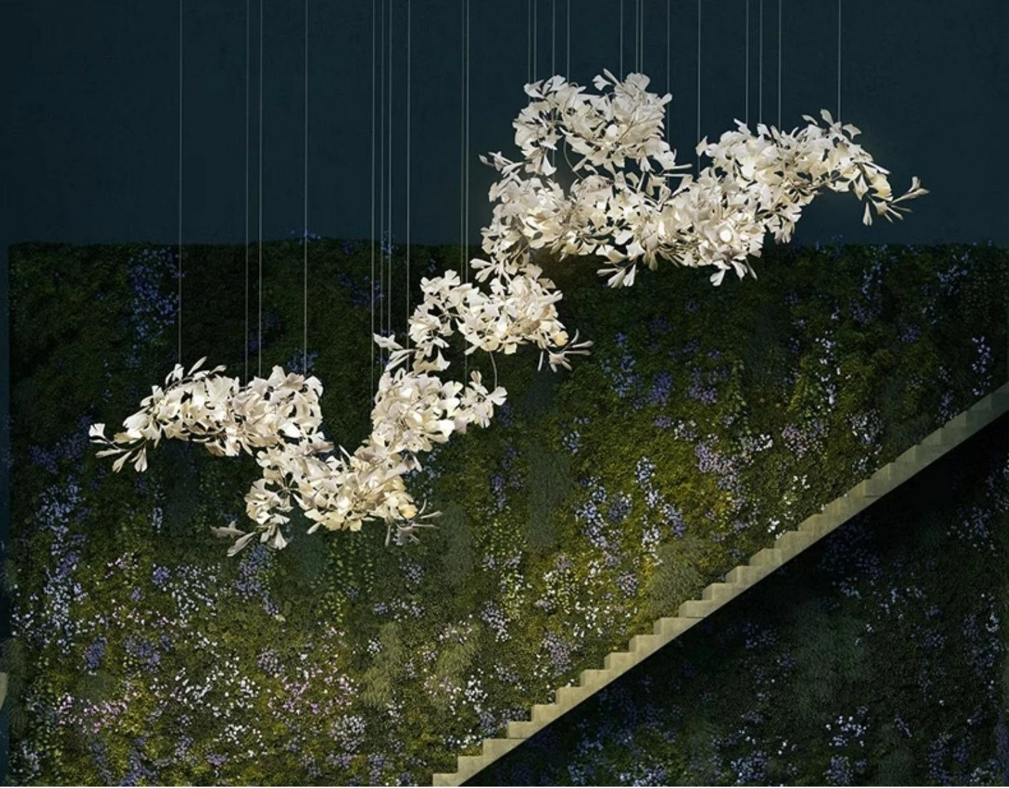 Gingko leaf combination chandelier statement lighting in open plan living space