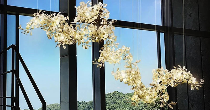 Gingko leaf combination chandelier statement lighting in open plan living space