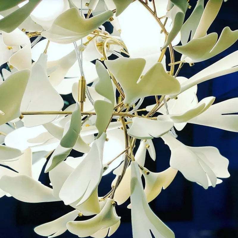 Close up of Gingko leaf combination chandelier porcelain leaves and artistic texture