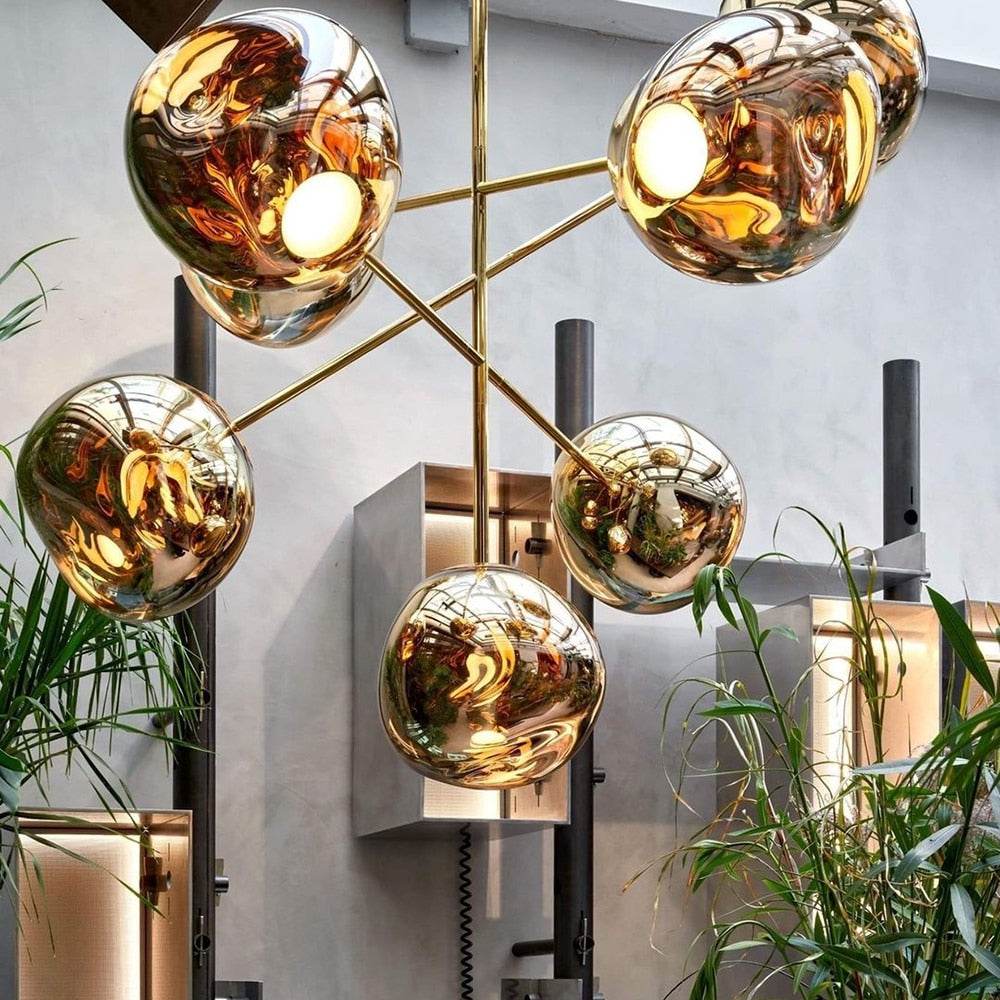 Melt style 7 head chandelier in modern living room statement lighting design
