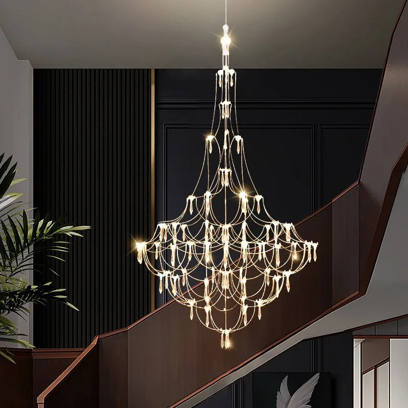 Baxter Q2 statement chandelier in an open-concept living space with high ceilings