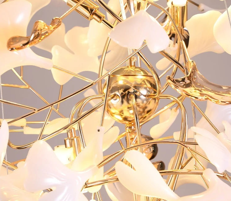Artistic detail of Gingko leaf chandelier highlighting leaf silhouette shapes