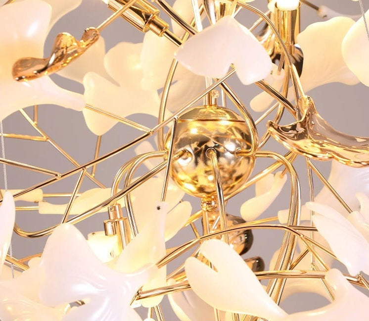 Close up of Gingko leaf combination chandelier porcelain leaves and artistic texture
