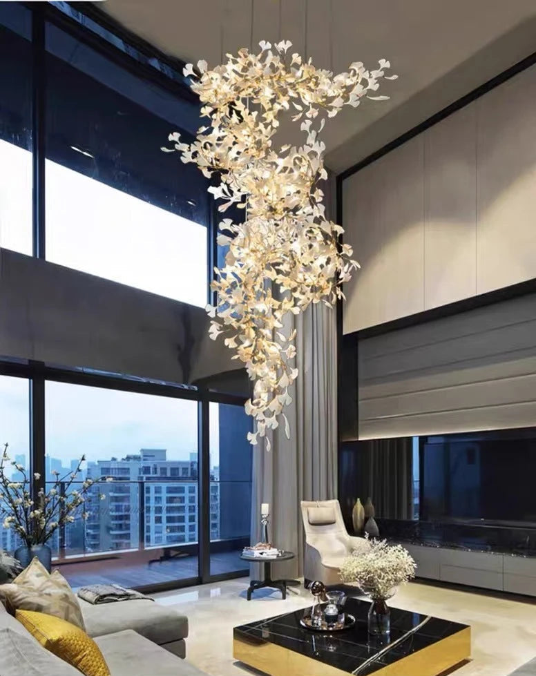 Gingko leaf chandelier statement lighting in contemporary modern interior setting