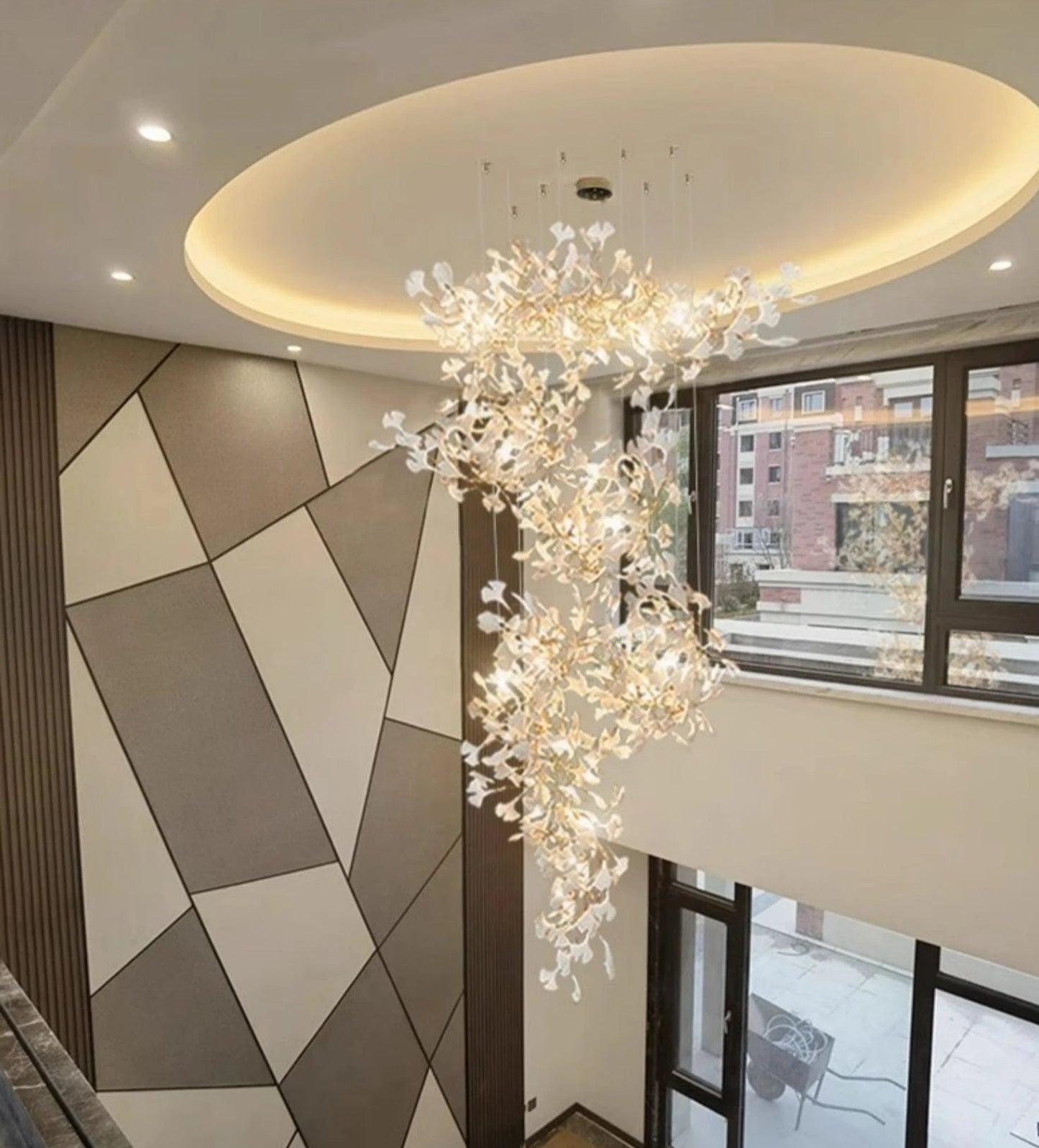 Side view of Gingko leaf chandelier with organic contemporary design