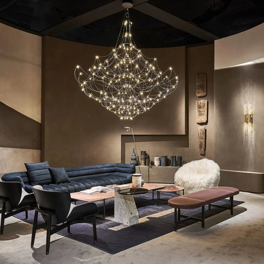 Baxter Q2 statement chandelier elevating a modern living room interior