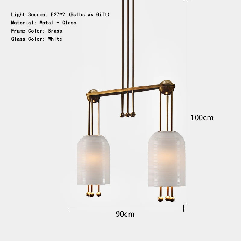 Chandelier with two glass shades and brass frame, dimensions shown on a white background.