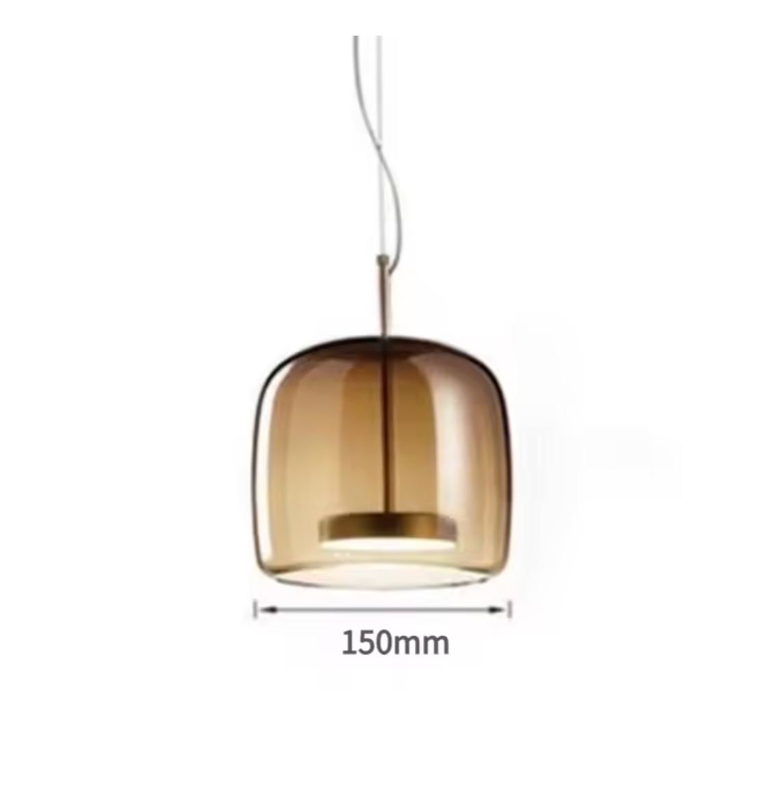 A hanging pendant light with a translucent smoky amber glass shade, shown against a white background with a dimension label indicating 150mm width.
