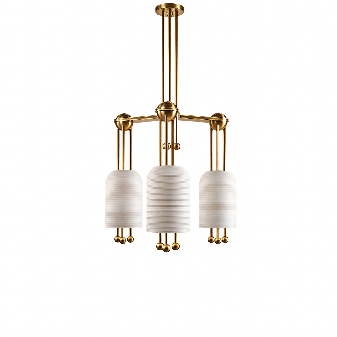 A modern three-light chandelier with a polished gold-finished metal frame and cylindrical white fabric shades, shown against a solid white background.