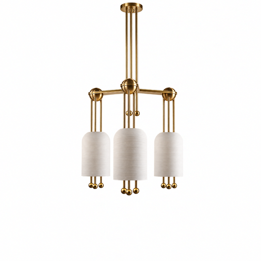 A modern three-light chandelier with a polished gold-finished metal frame and cylindrical white fabric shades, shown against a solid white background.