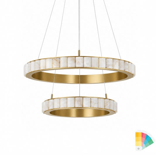 A modern two-tier circular chandelier with brushed gold metal rings and white marble inlay, suspended by thin cables against a plain white background.