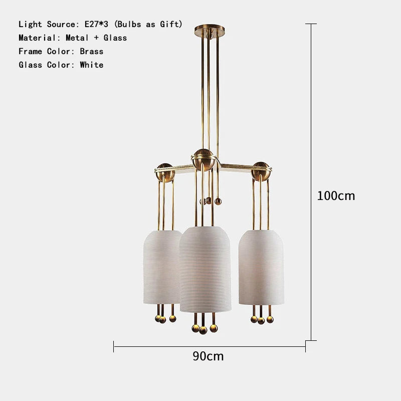Chandelier with dimensions and material details on a white background