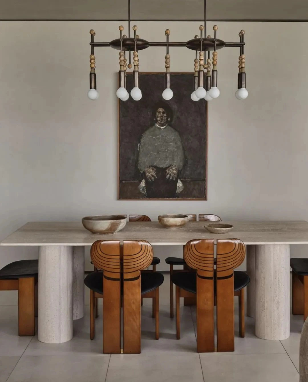 Side view of Talisman 14 Apparatus style chandelier with architectural form