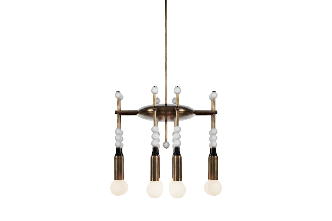 Talisman 8 chandelier glowing with warm LED light in stylish modern space